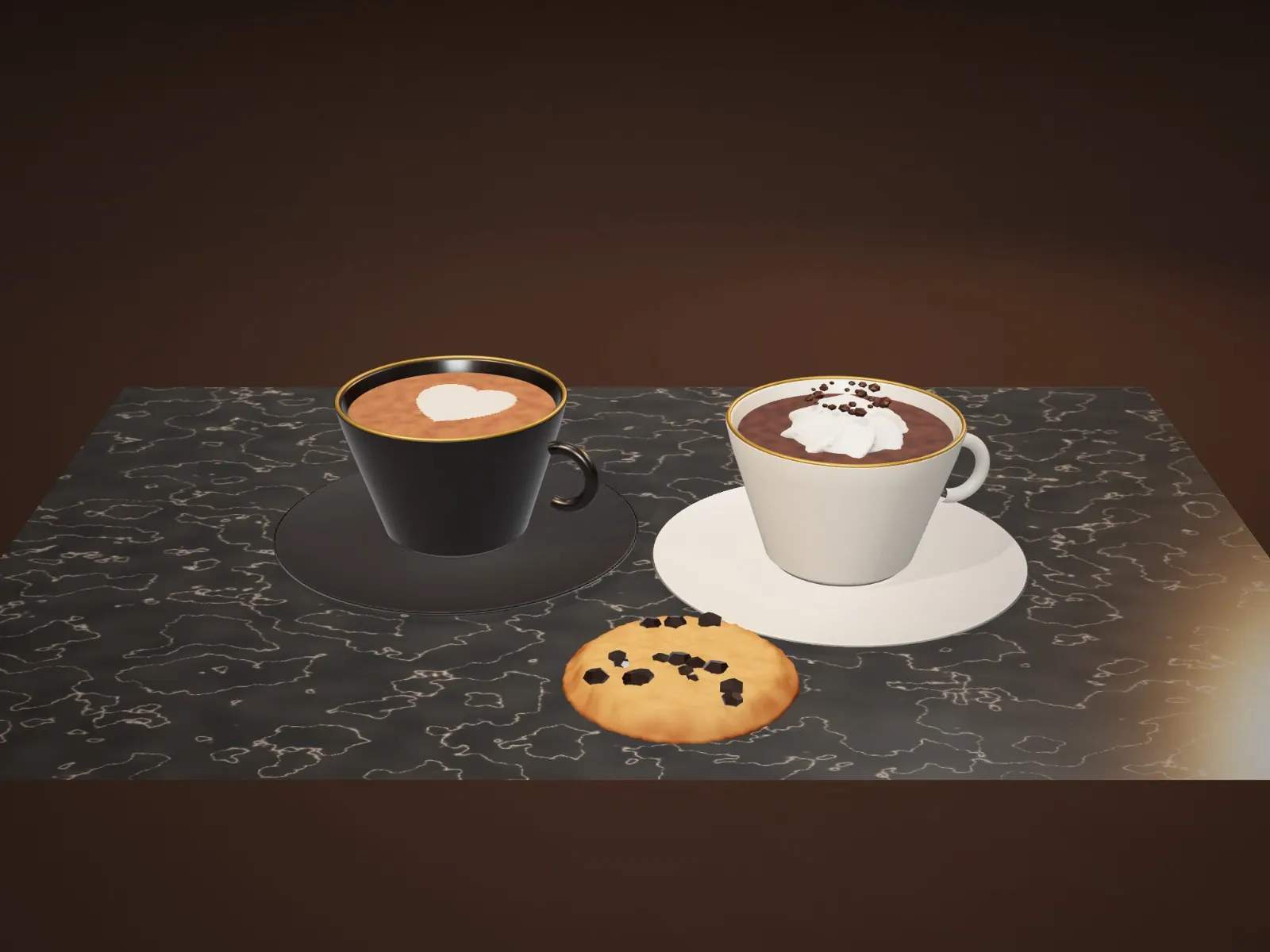 Cappuccino, hot chocolate and a cookie on a marble table