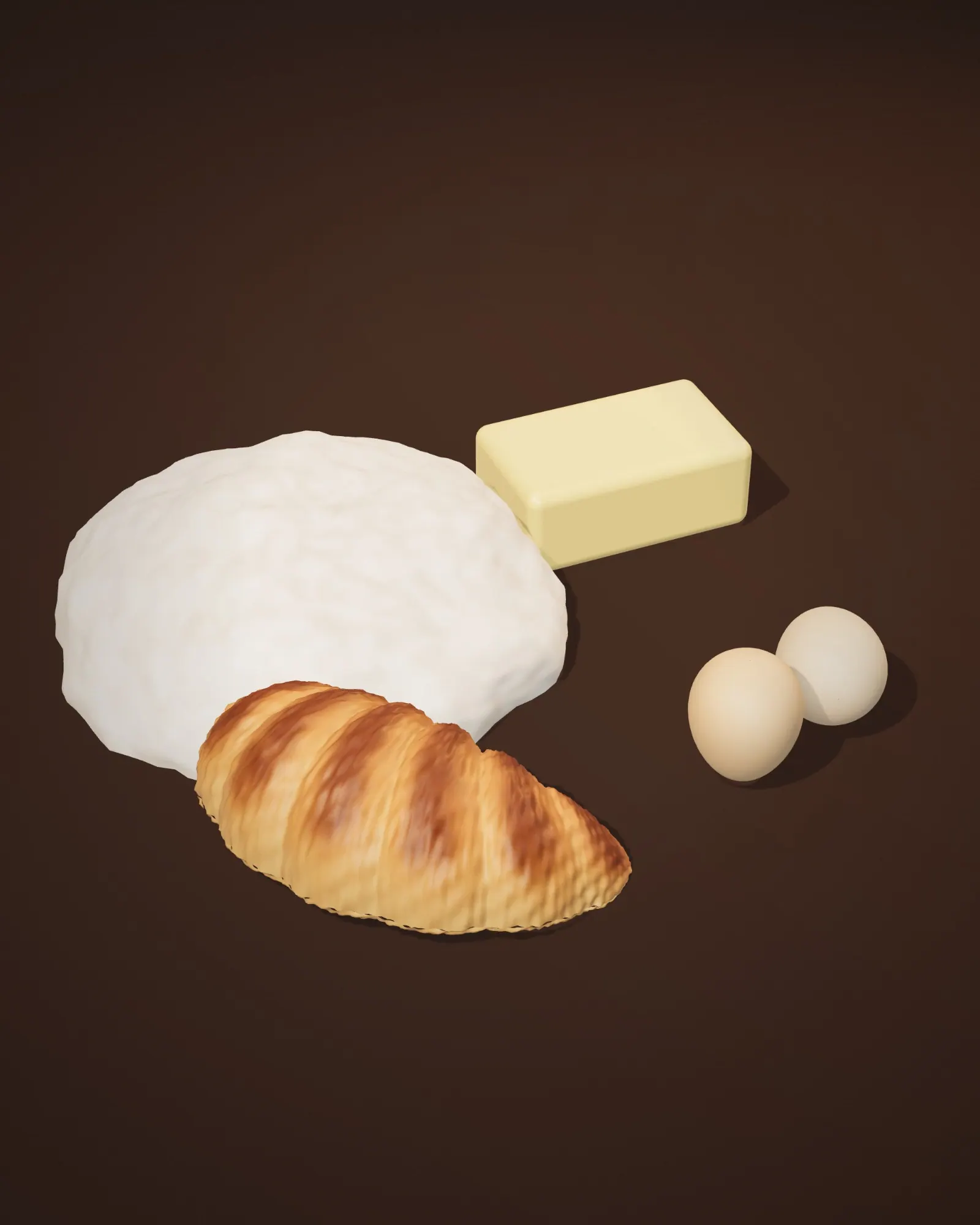 Flour, butter, eggs and a croissant on a marble slab