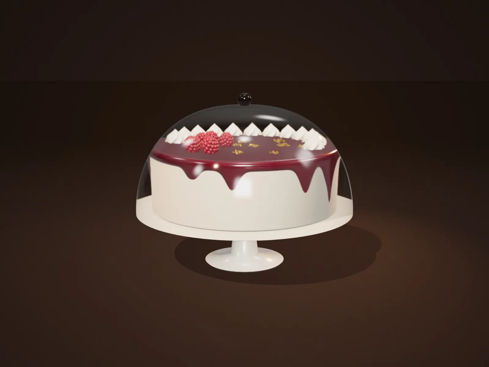 A red-glazed cake under a glass cloche on the counter