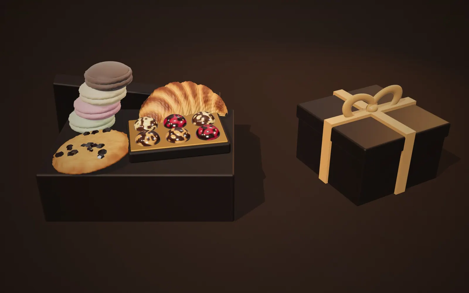 An open Nero Bakes hamper with macarons, bonbons and pastries beside a gift box