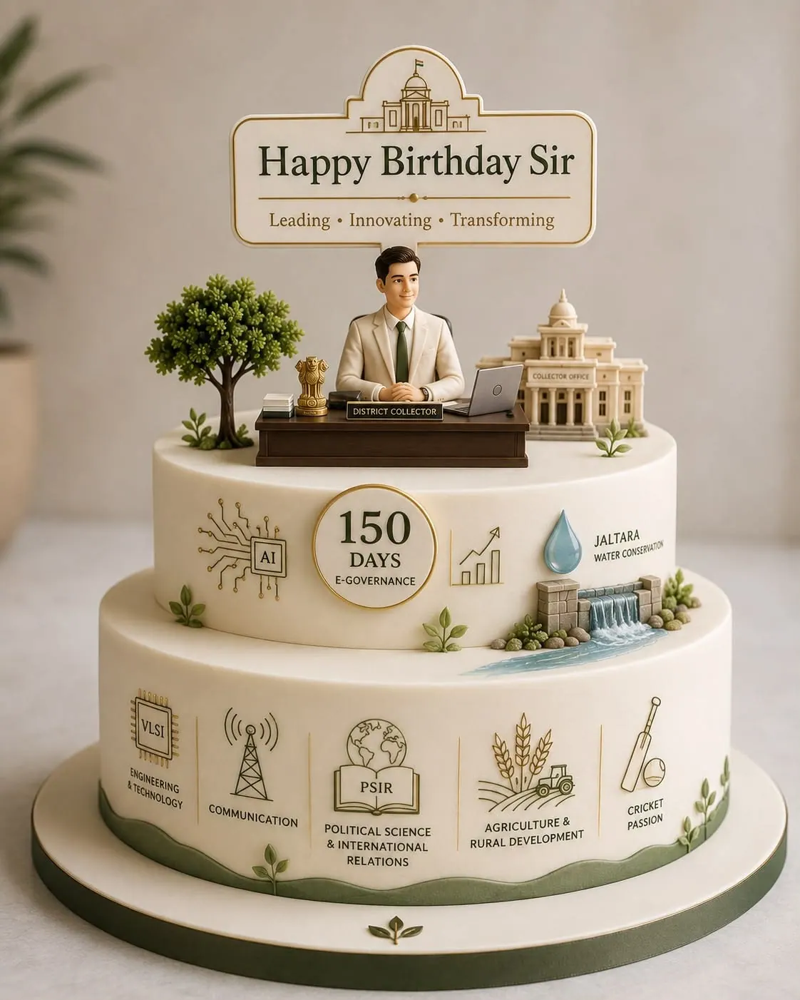 Two-tier milestone cake with personalised career details — supplied design reference