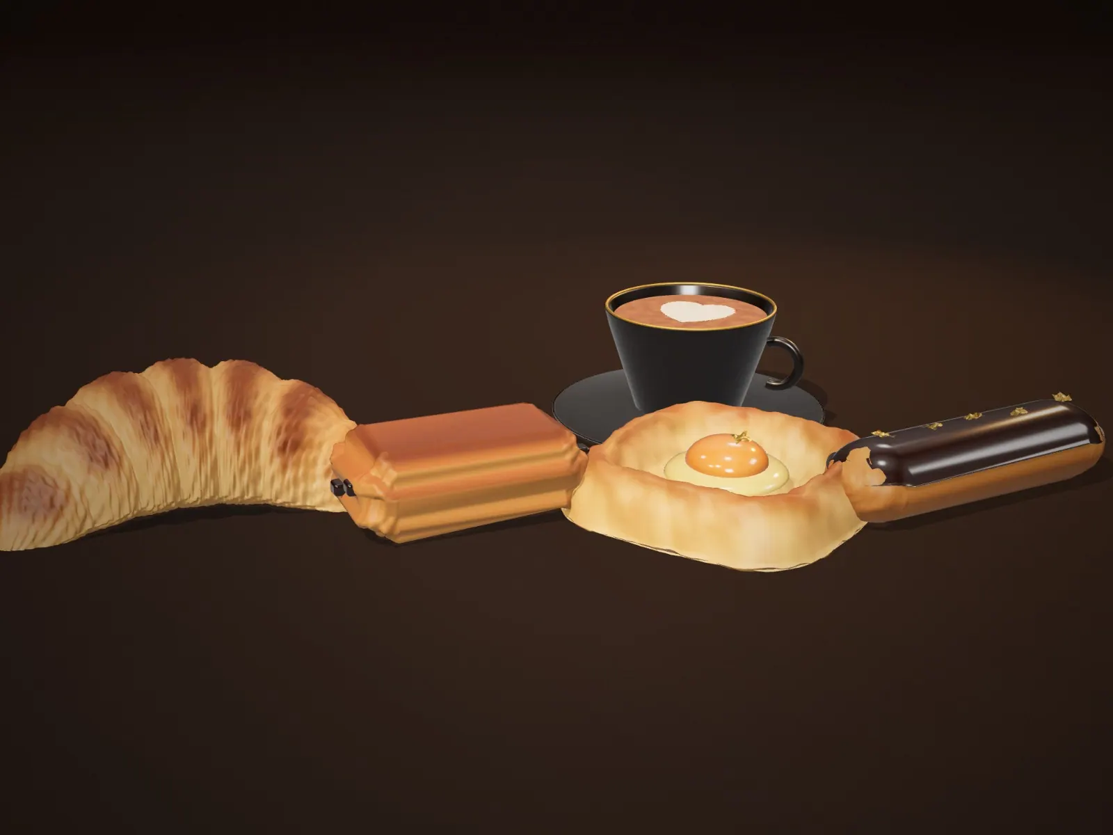 Croissants, danishes and éclairs on a marble counter