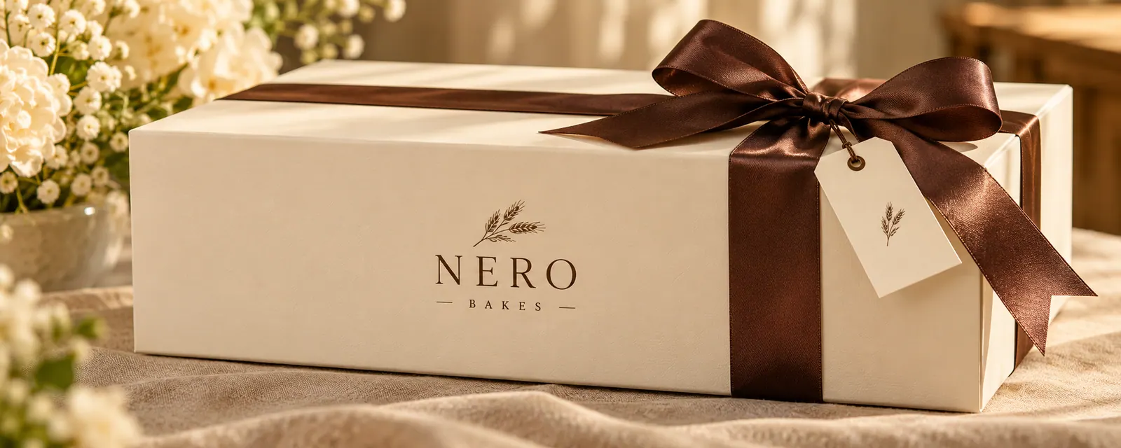 Illustrative ivory Nero Bakes gift box with chocolate ribbon