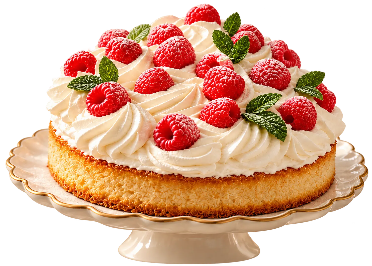 Raspberry cream cake and scalloped plate on a transparent background