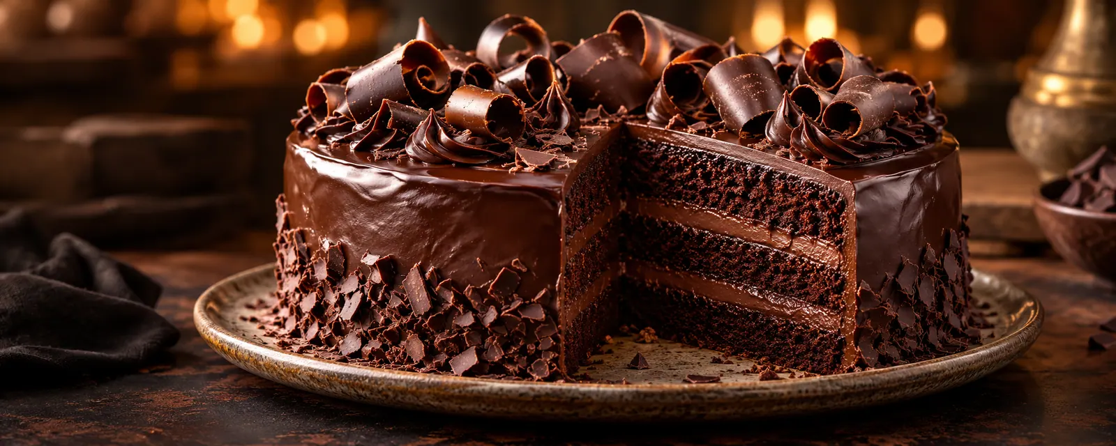 Illustrative chocolate layer cake with chocolate curls