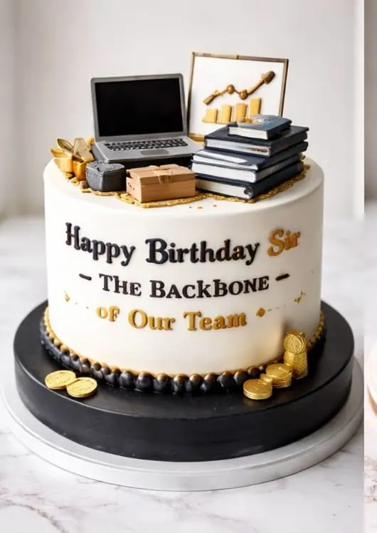 Corporate leadership cake with a laptop and books — supplied design reference